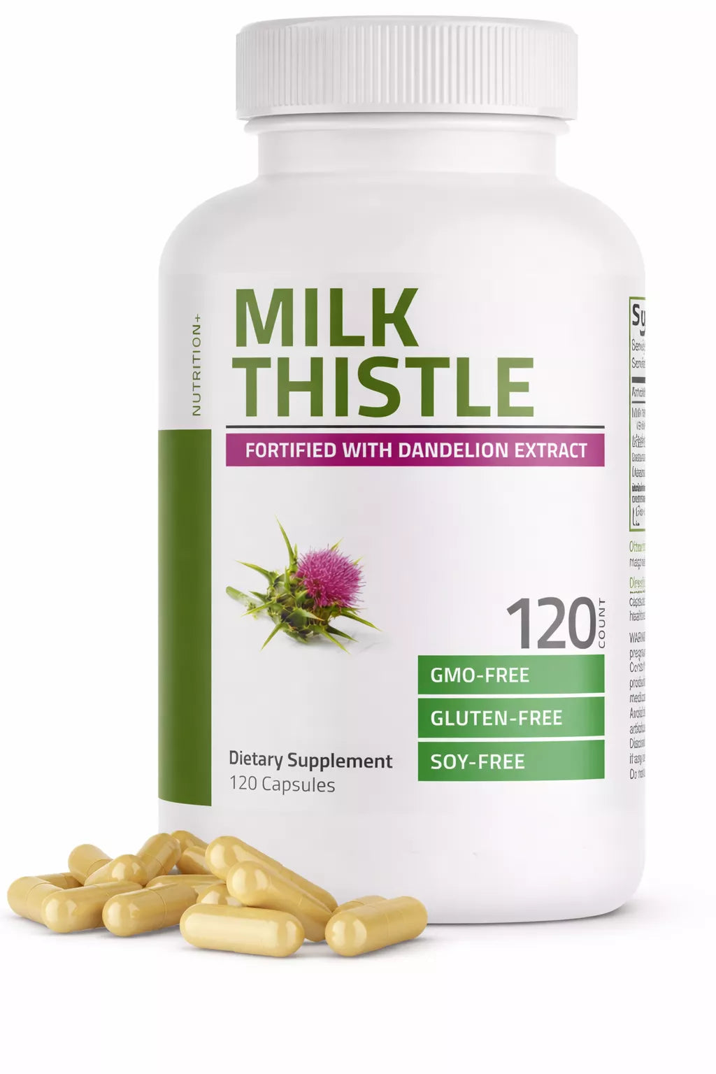 A bottle of Milk Thistle dietary supplement, with several capsules lying in front of the bottle.