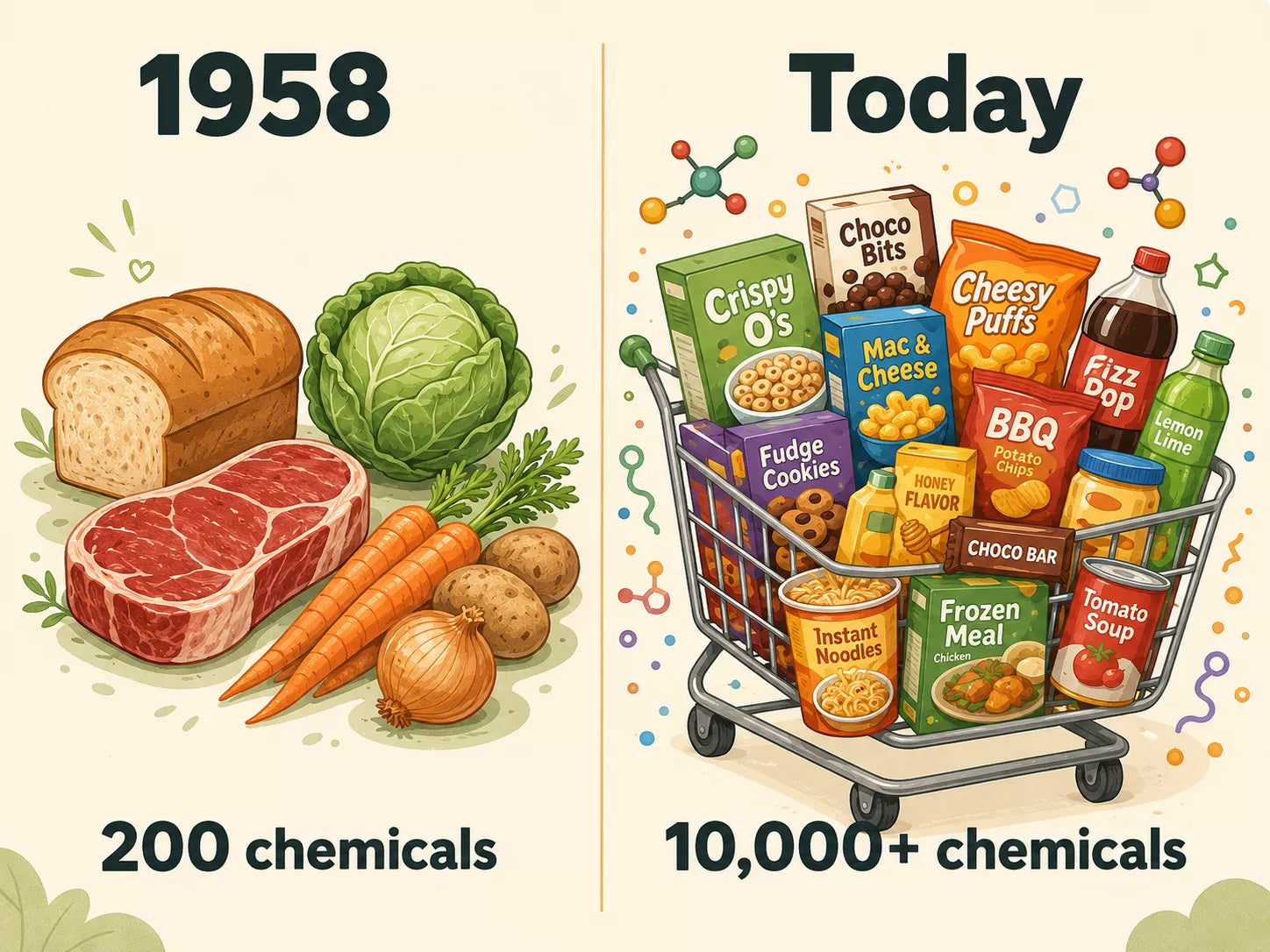 An infographic comparing whole foods in 1958 to a shopping cart full of processed foods today.
