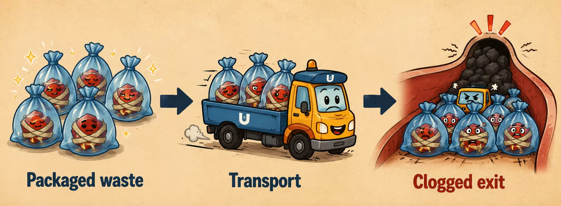 A three-panel cartoon showing packaged waste being transported by a truck, leading to a clogged exit.